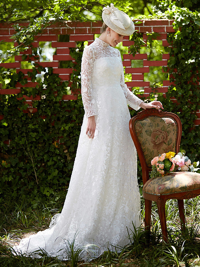 Illusion A-Line Beach Wedding Dress Floral Lace Long Sleeve Bridal Gowns Court Train