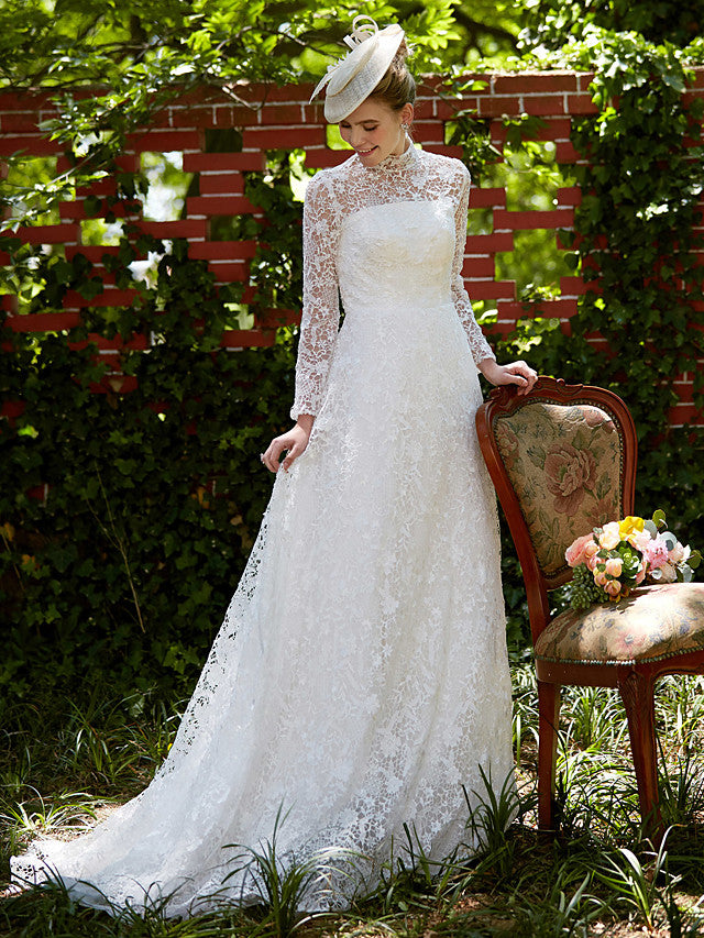 Illusion A-Line Beach Wedding Dress Floral Lace Long Sleeve Bridal Gowns Court Train