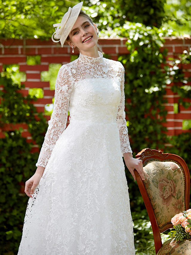 Illusion A-Line Beach Wedding Dress Floral Lace Long Sleeve Bridal Gowns Court Train