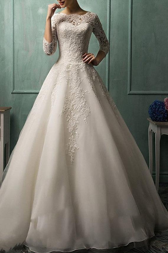 Illusion A-Line Wedding Dress Bateau Lace 3/4 Length Sleeve Bridal Gowns Court Train