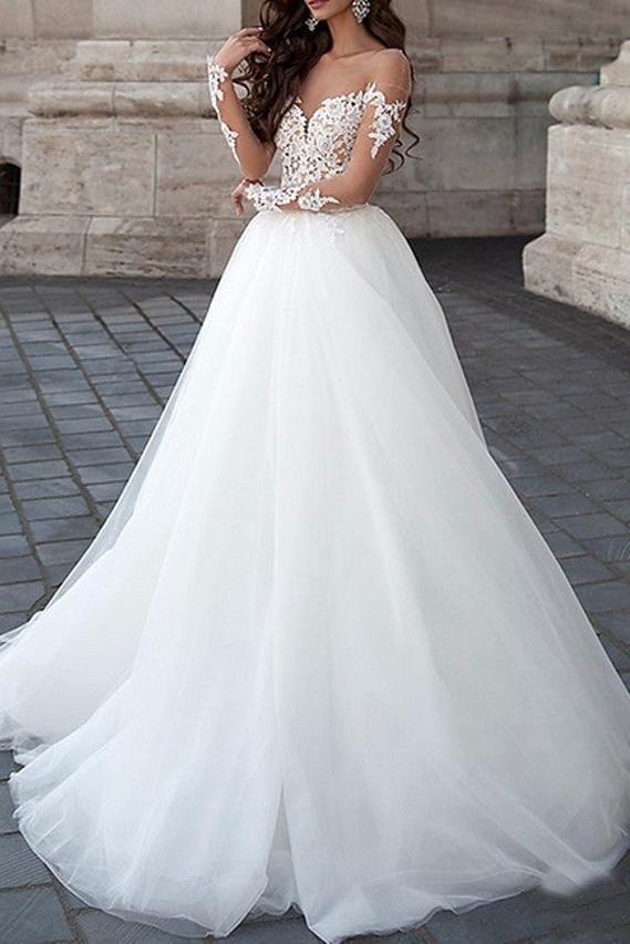 Illusion A-Line Wedding Dress Strapless Lace Tulle Long Sleeve Formal Bridal Gowns On Sale