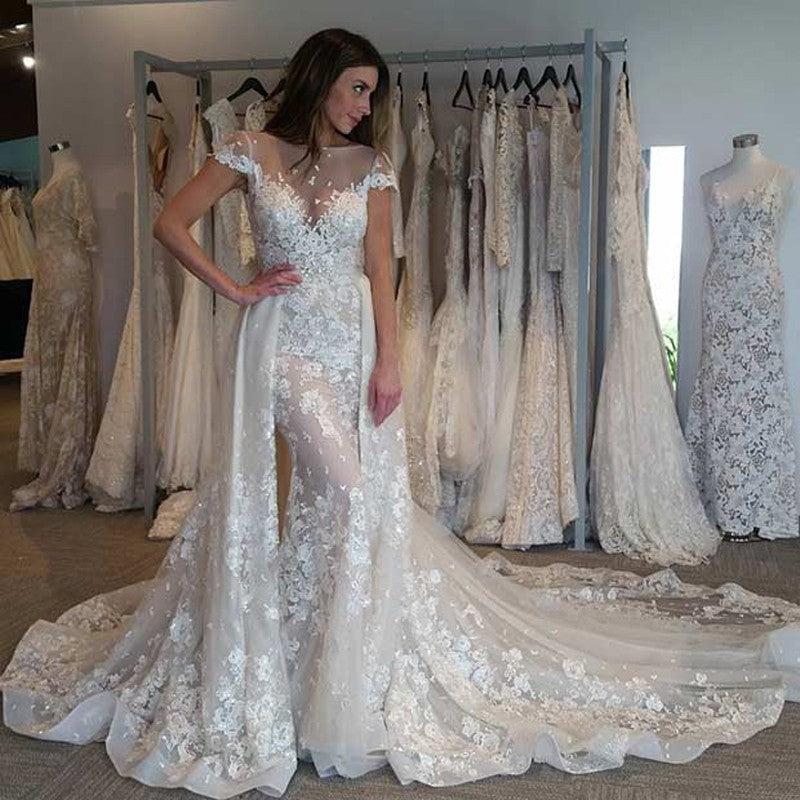 Illusion Cap Sleeves Bride Dresses  Gorgeous Lace Appliques Overskirt Wedding Gowns