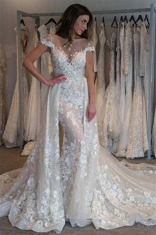 Illusion Cap Sleeves Bride Dresses  Gorgeous Lace Appliques Overskirt Wedding Gowns