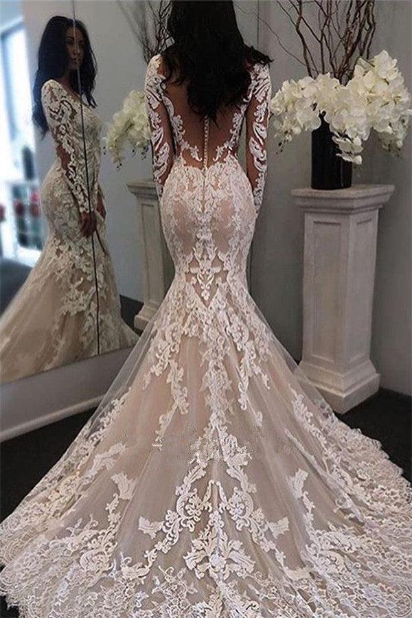 Illusion Long Sleeve Bride Dress Mermaid Lace Gorgeous Retro Sheer Tulle  Wedding Dress BA6189