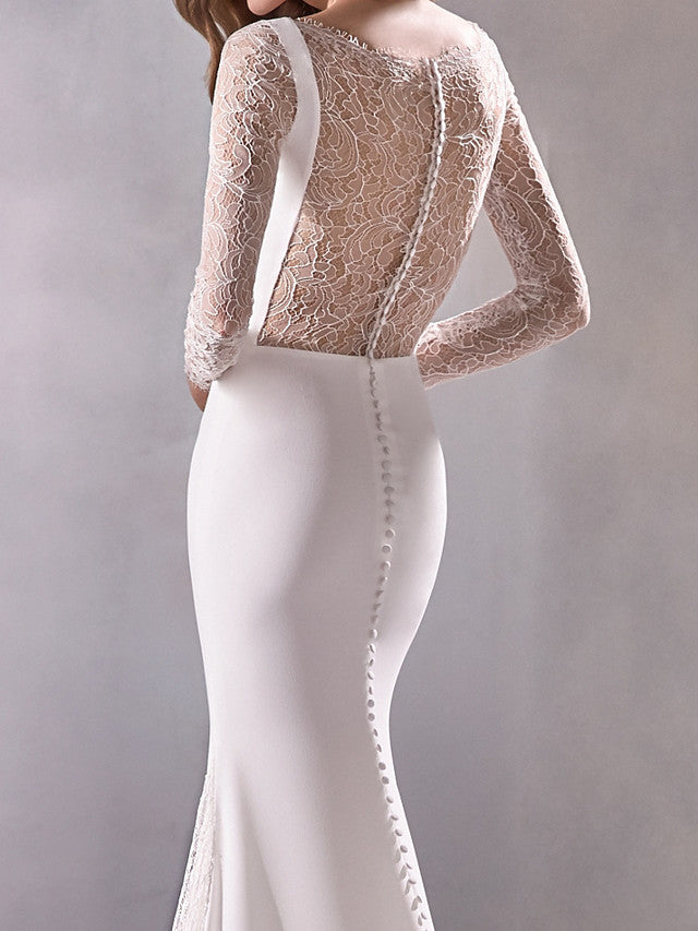 Illusion Mermaid Beach Wedding Dress Bateau Long Sleeve Formal Plus Size Bridal Gowns Sweep Train
