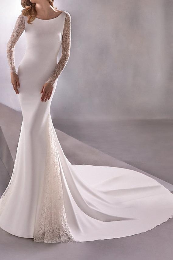 Illusion Mermaid Beach Wedding Dress Bateau Long Sleeve Formal Plus Size Bridal Gowns Sweep Train