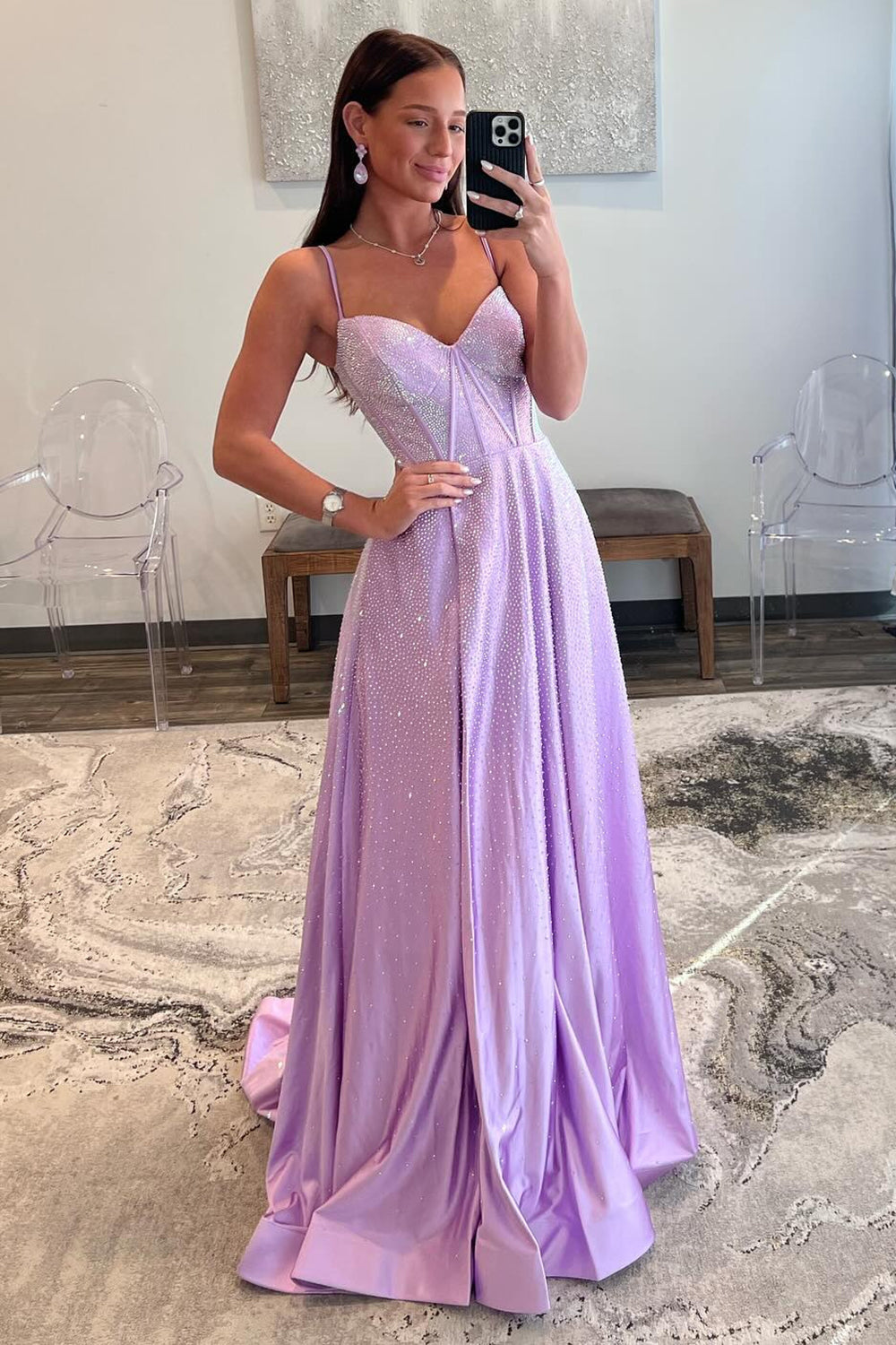 Lilac Glitter A-Line Spaghetti Straps Long Beaded Prom Dress with Slit - VelvetHem