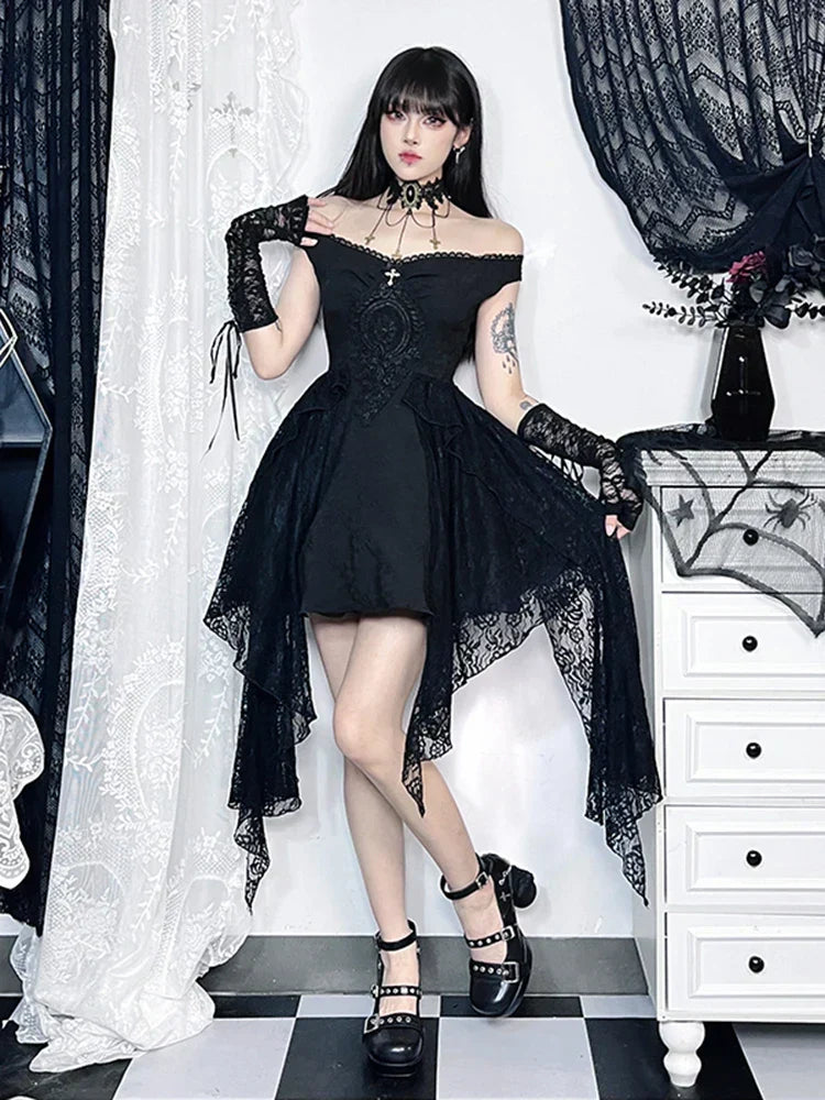 Gothic Folds Corsets A-Line Black Off Shoulder Ball Gown Women Grunge Vintage Aesthetic Harajuku Partywear Dress - VelvetHem