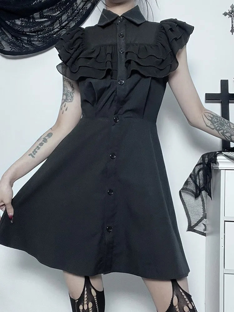 Mall Harajuku E-Girl Mesh Patchwork Black Slim A-Line Party Grunge Aesthetic Streetwear Dress - View 6 | VelvetHem