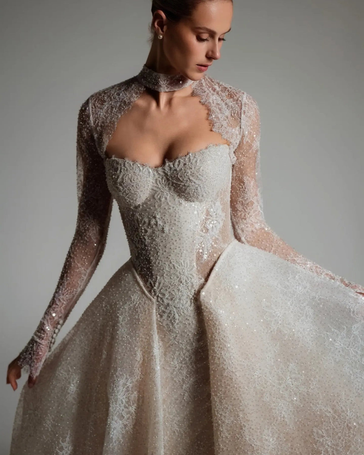 Luxury Ivory Beaded Long Sleeve Train Wedding Dress with Overskirt ZP138