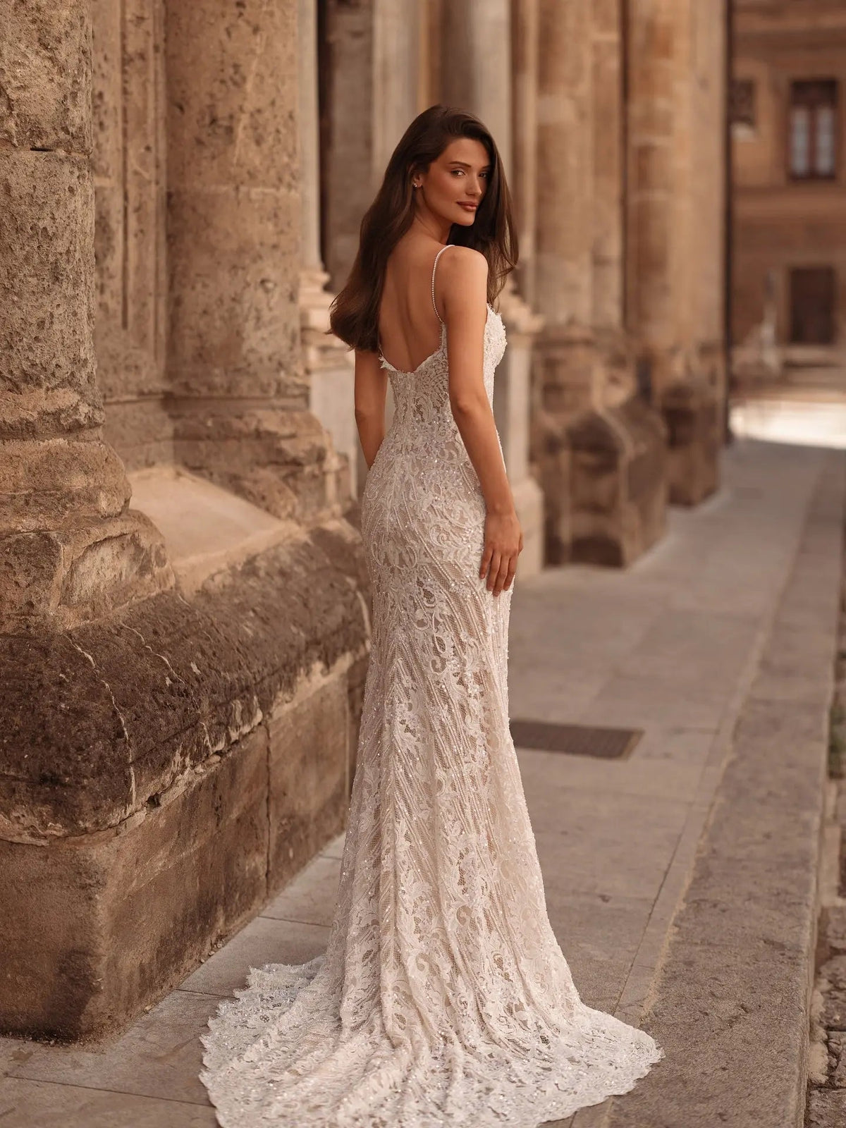 Sophisticated Ivory High Cold Shoulder Beaded Lace Fitted Wedding Dress ZP129