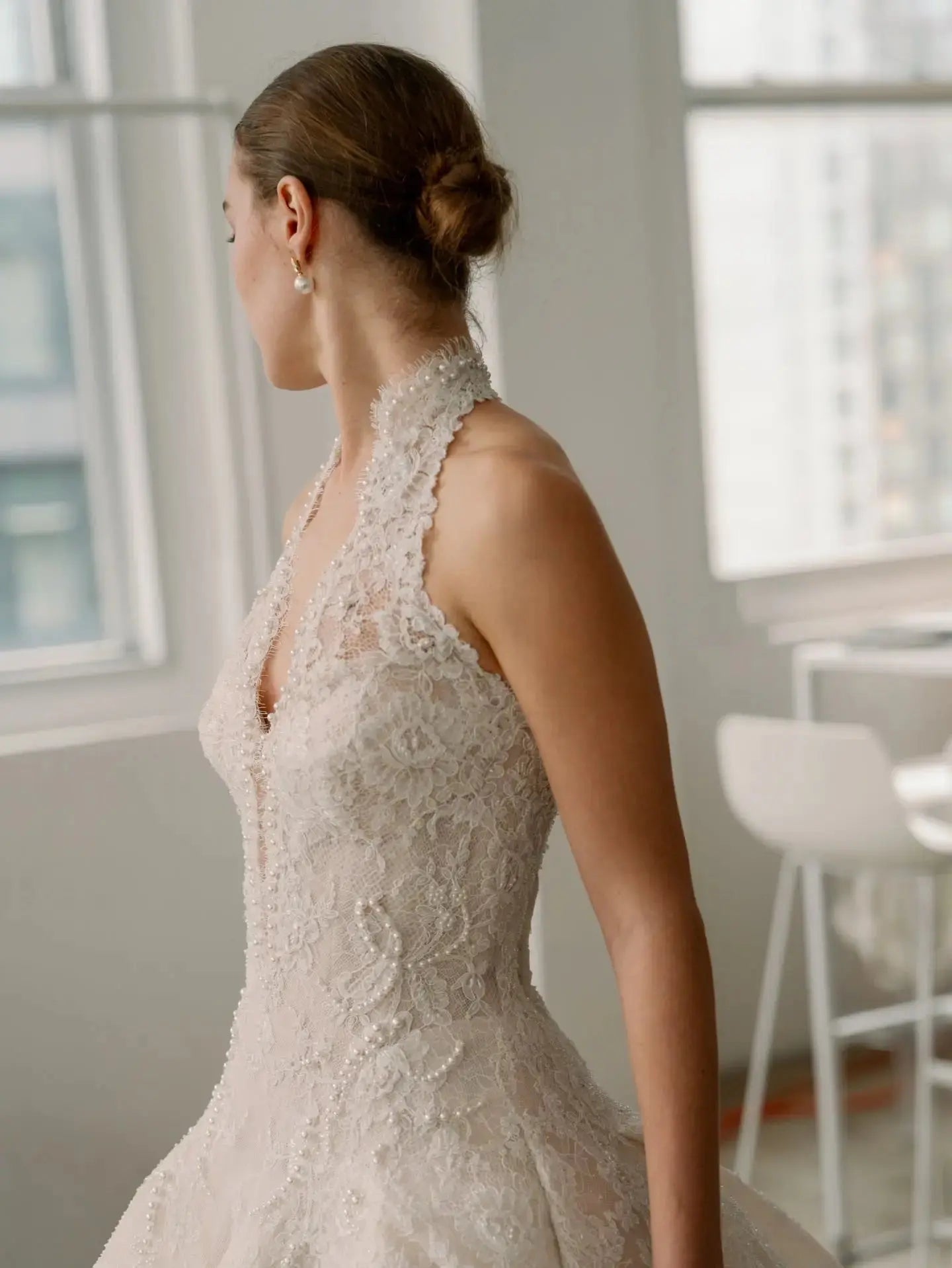 Luxury Ivory Halter Neck Lace Deep V Ball Gown Wedding Dress ZP146