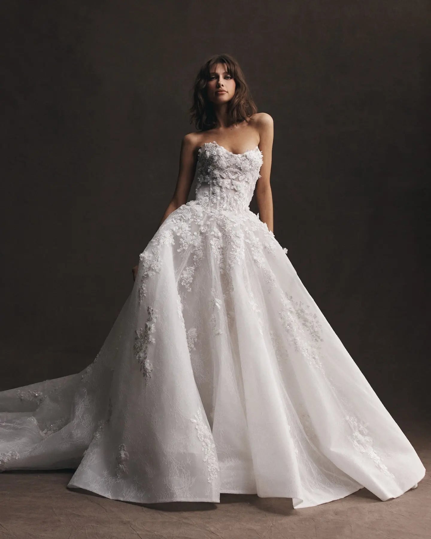 Luxury White Strapless 3D Floral Embroidery Train Wedding Dress ZP150
