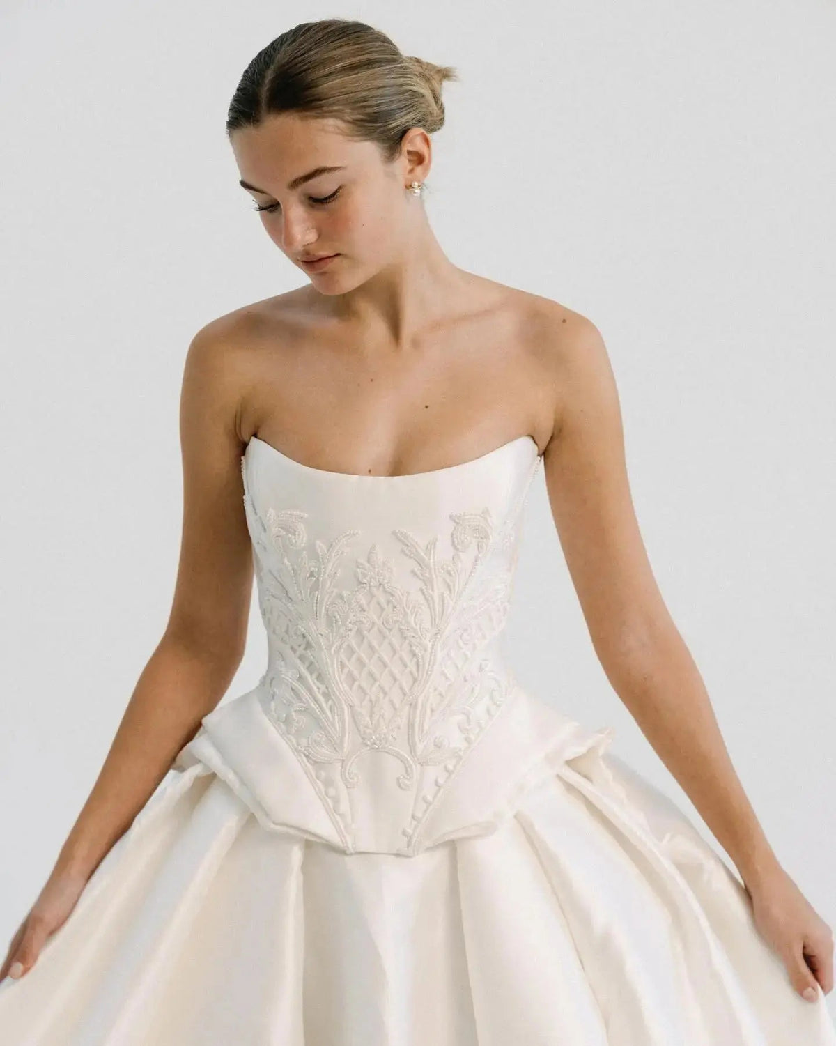 Luxury White Satin Strapless Beaded Ball Gown Train Wedding Dress ZP152