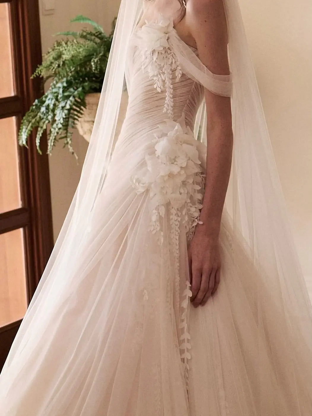 Dreamy Ivory Strapless 3D Floral Draped Wedding Dress with Veil ZP072