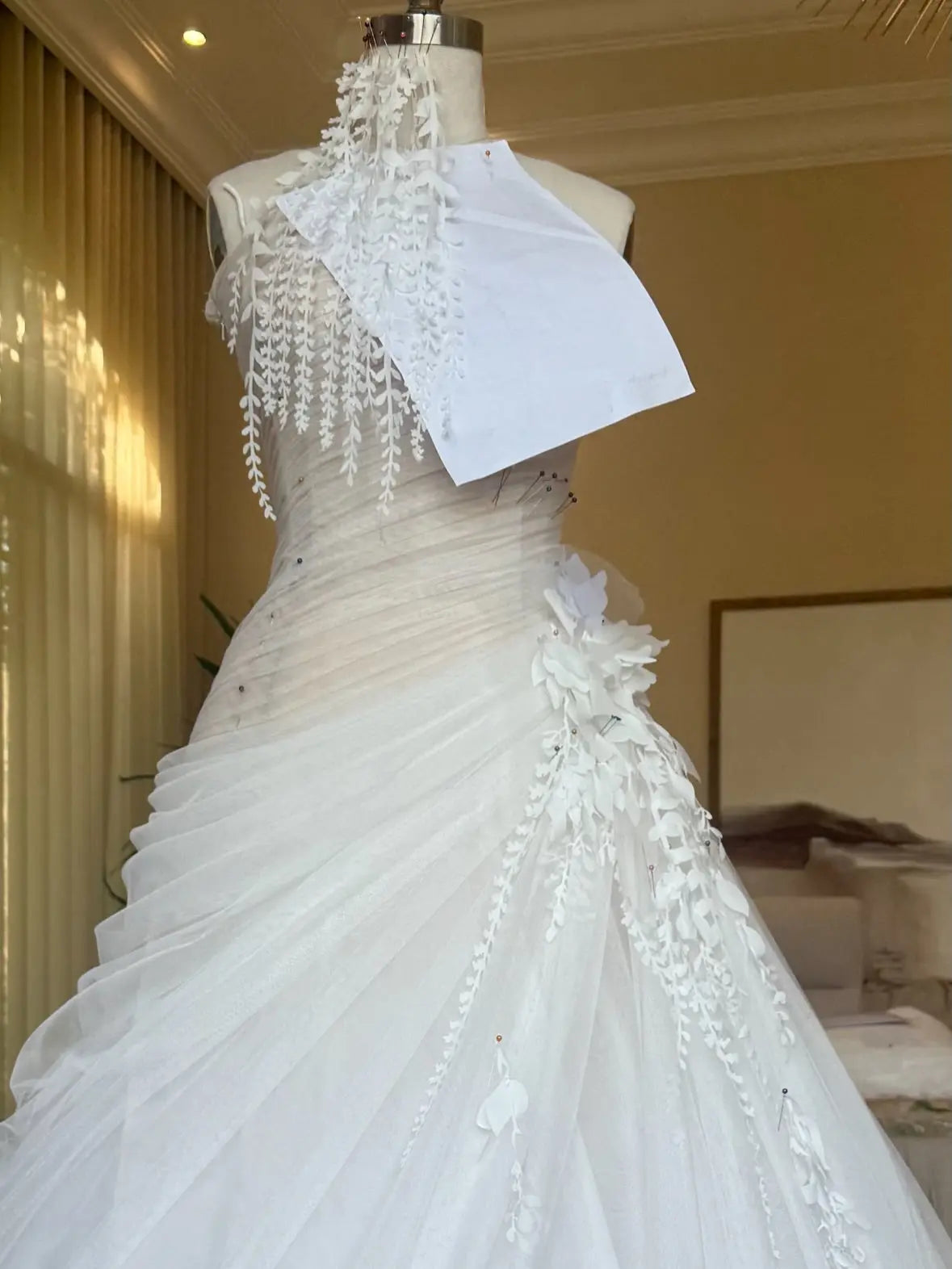 Dreamy Ivory Strapless 3D Floral Draped Wedding Dress with Veil ZP072