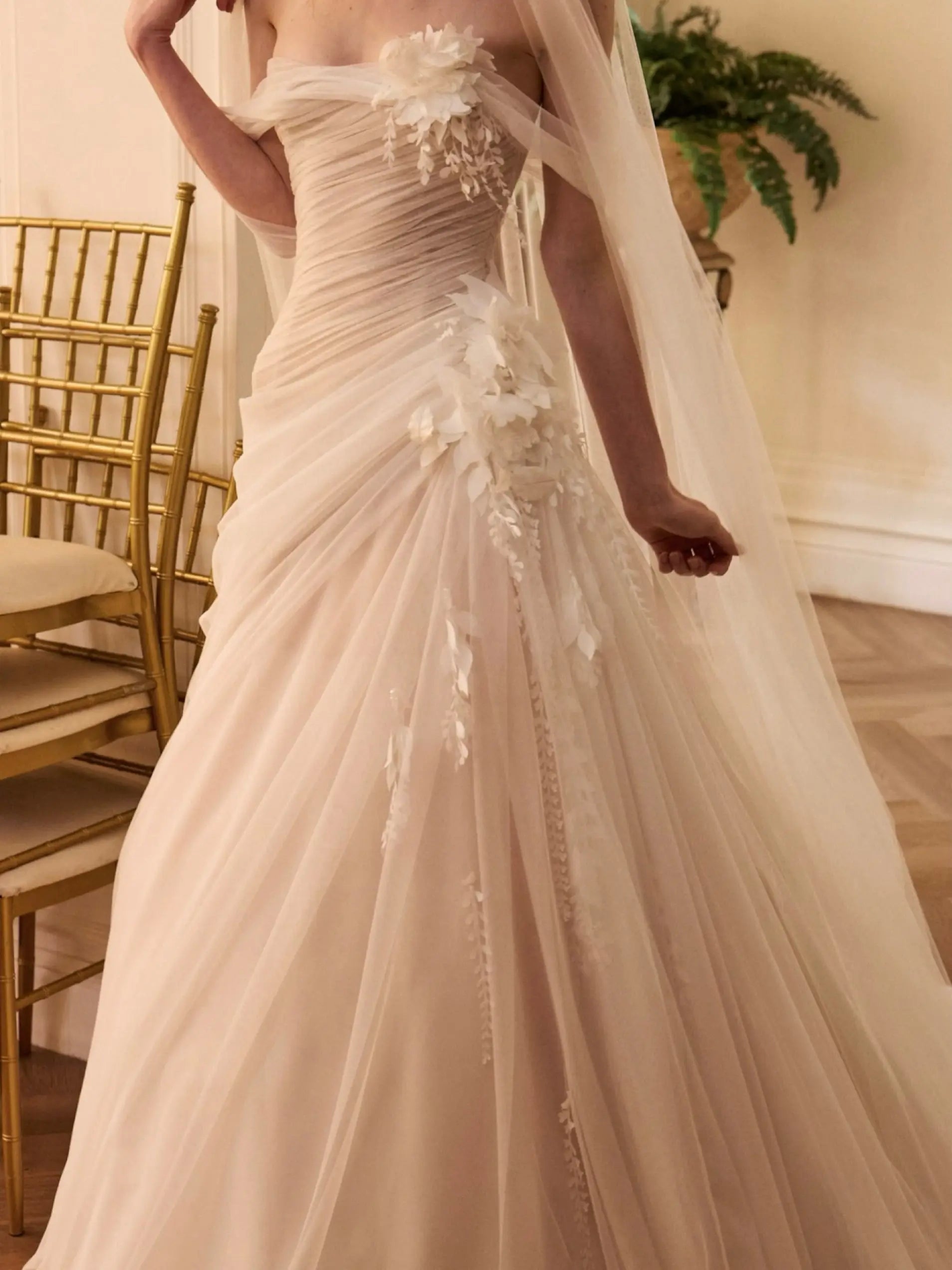 Dreamy Ivory Strapless 3D Floral Draped Wedding Dress with Veil ZP072