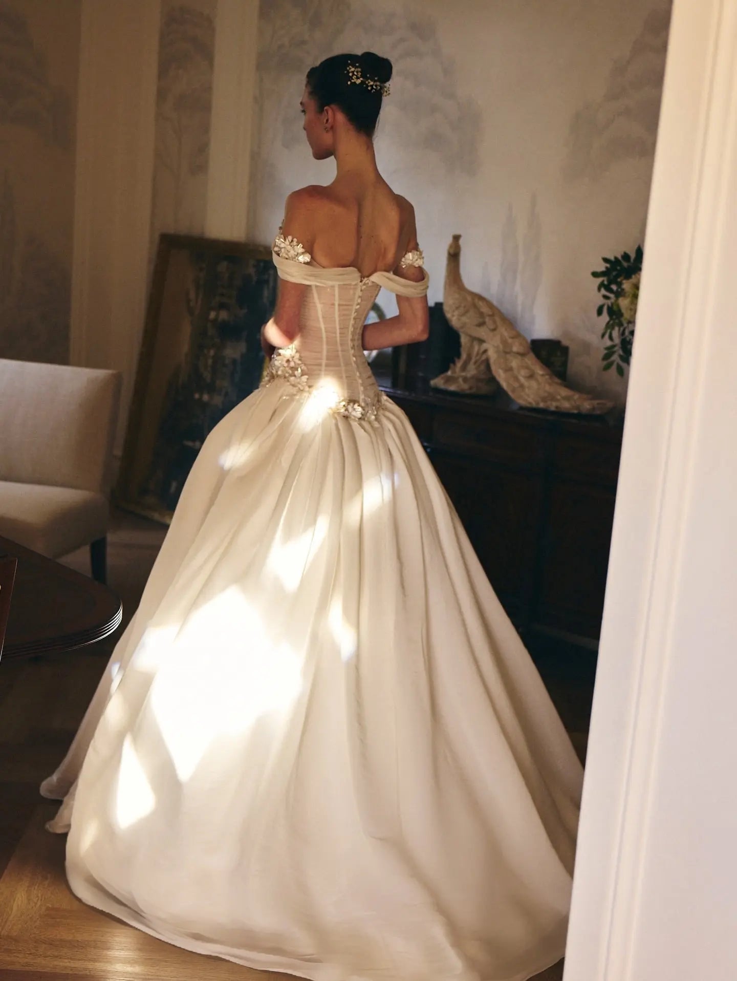 Elegant Ivory Off-the-Shoulder Floral Lace Ball Gown Wedding Dress ZP075