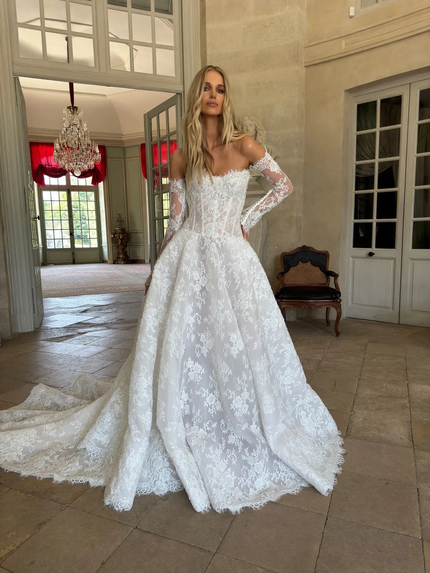 Regal White Off-the-Shoulder Long Sleeve Lace Ball Gown Wedding Dress ZP087