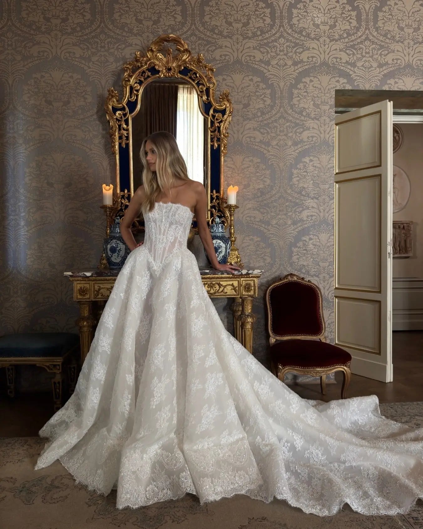 Regal White Strapless Sequin Sheer Lace Ball Gown Wedding Dress ZP097