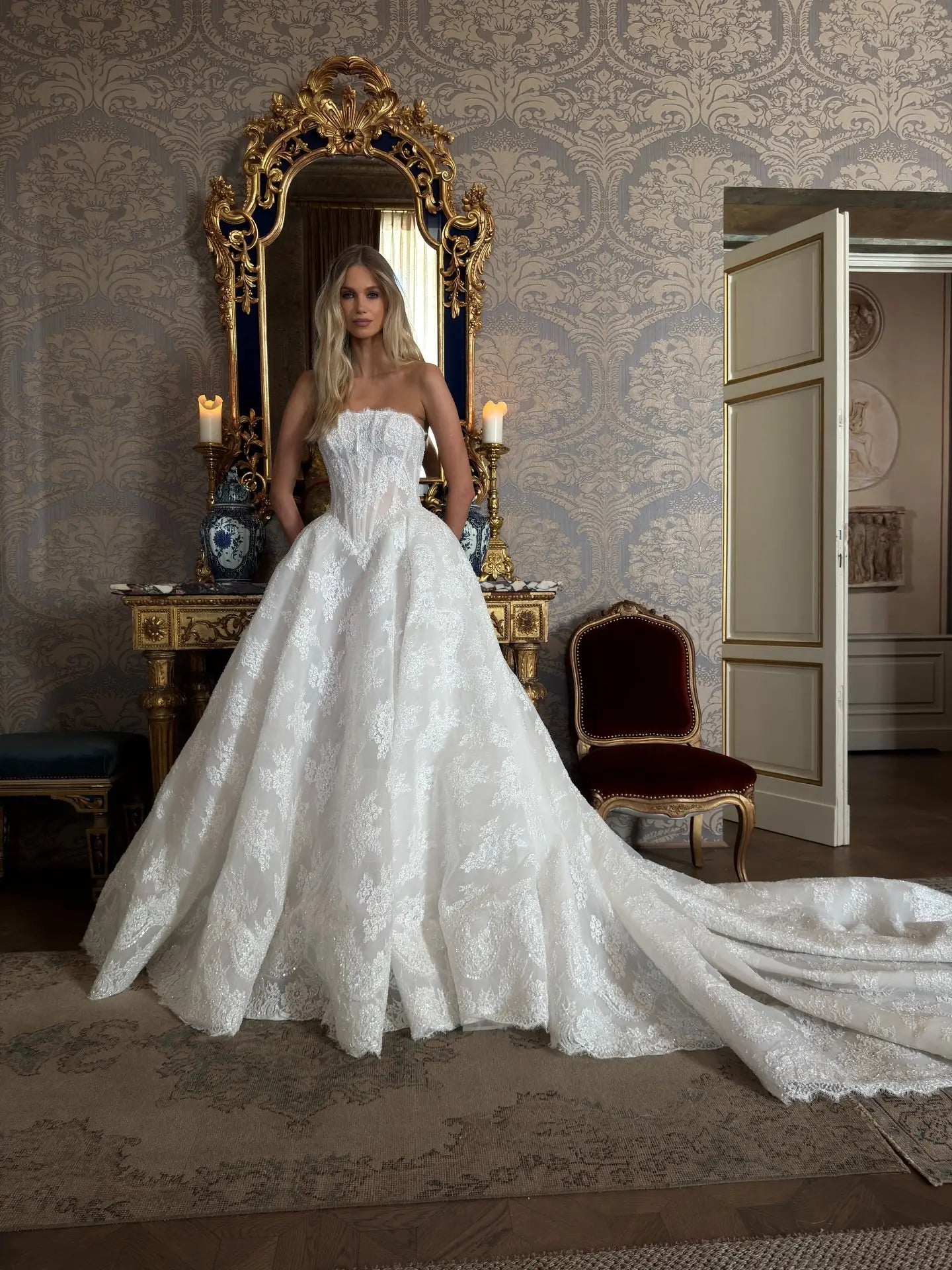 Regal White Strapless Sequin Sheer Lace Ball Gown Wedding Dress ZP097