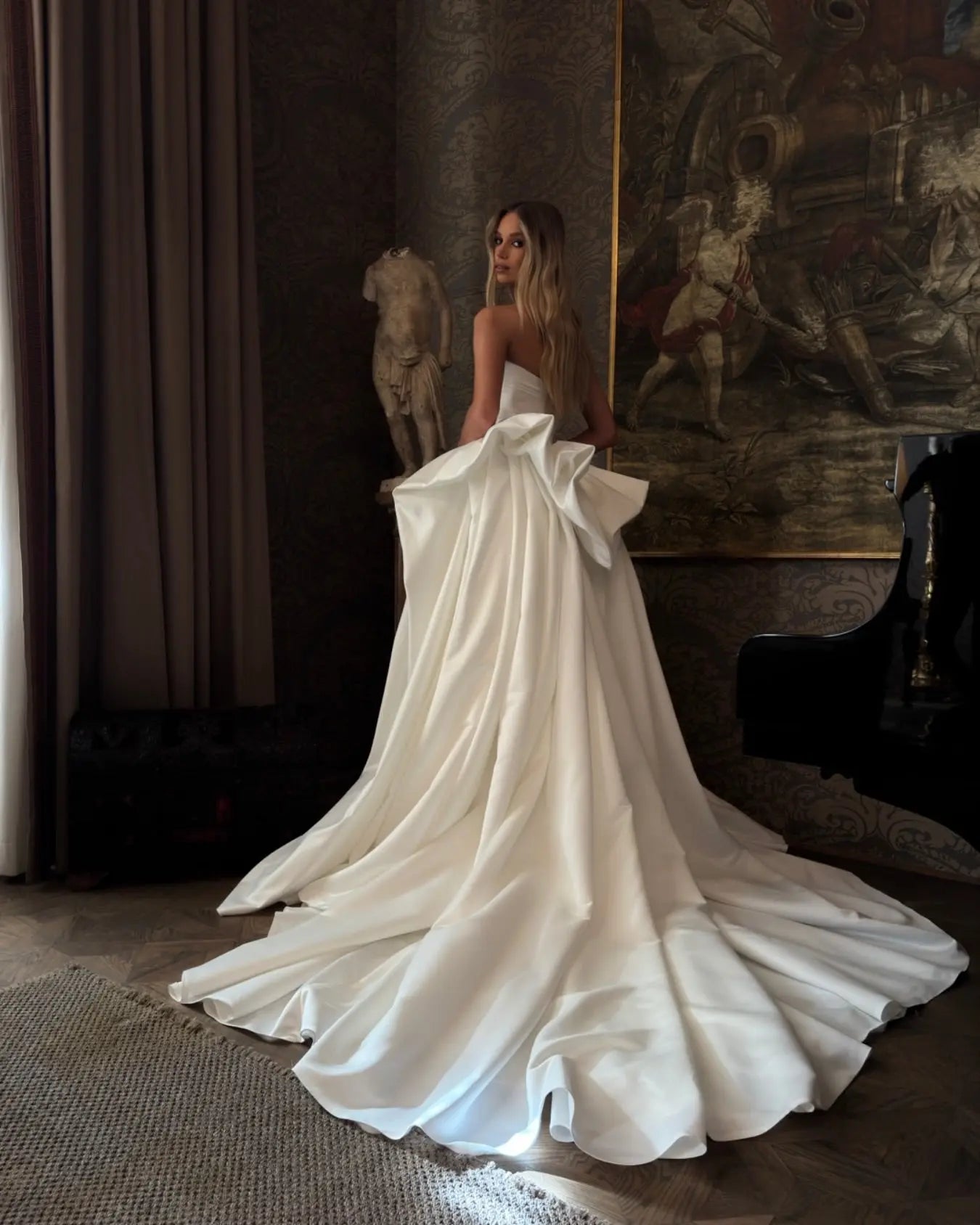 Luxury White Strapless Ruched Satin Ball Gown Wedding Dress ZP099