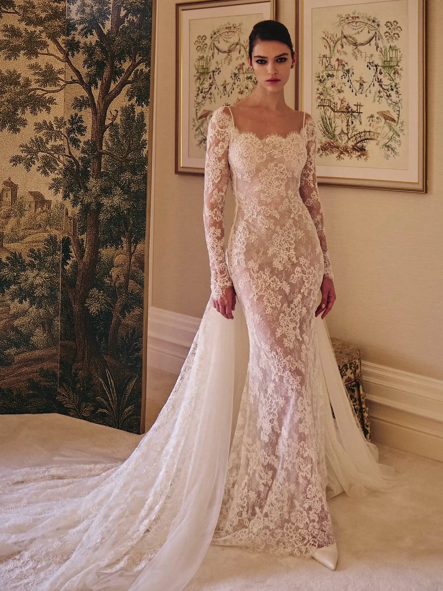 Romantic Ivory Long Sleeve Lace Mermaid Wedding Dress with Overskirt ZP076