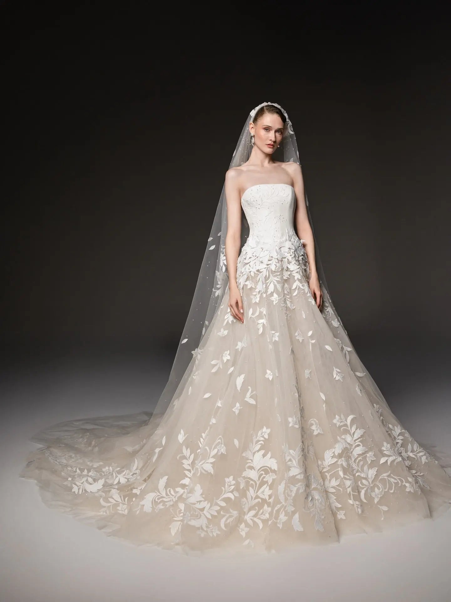 Dreamy Ivory Strapless Floral Lace Mermaid Train Wedding Dress with Veil ZP083