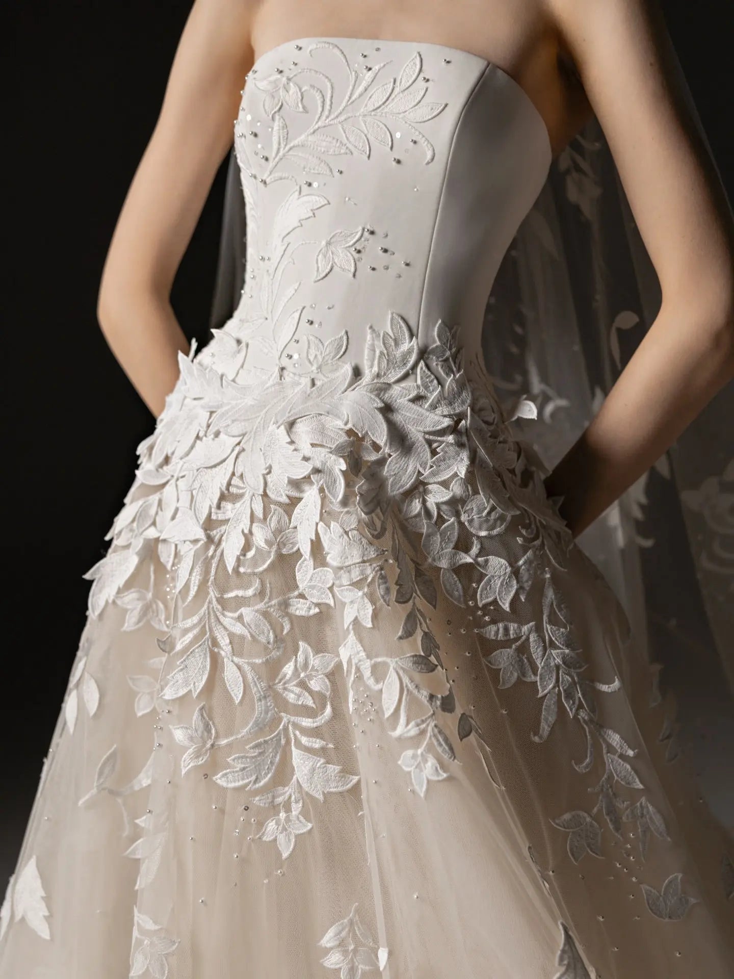 Dreamy Ivory Strapless Floral Lace Mermaid Train Wedding Dress with Veil ZP083