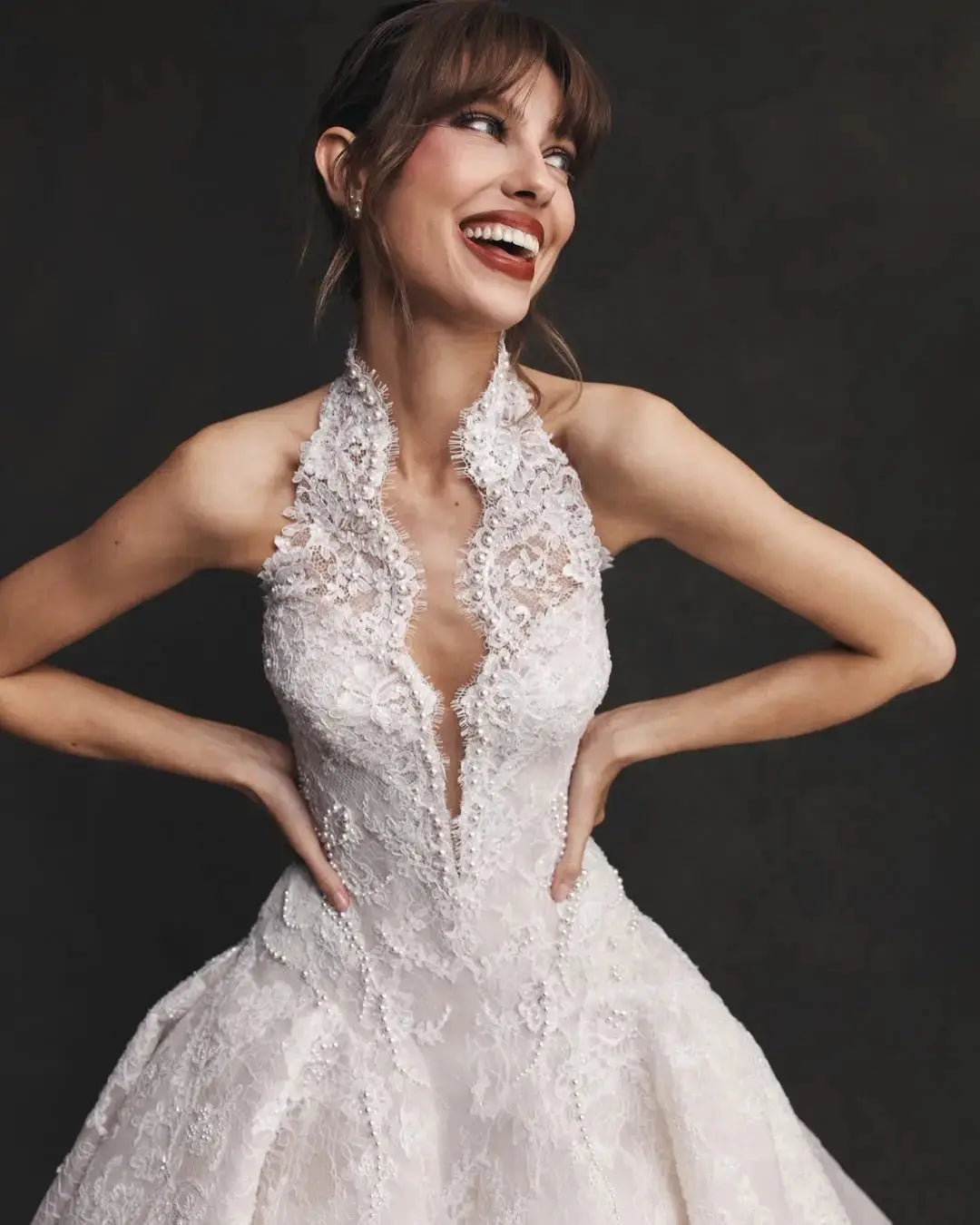 Luxury Ivory Halter Neck Lace Deep V Ball Gown Wedding Dress ZP146