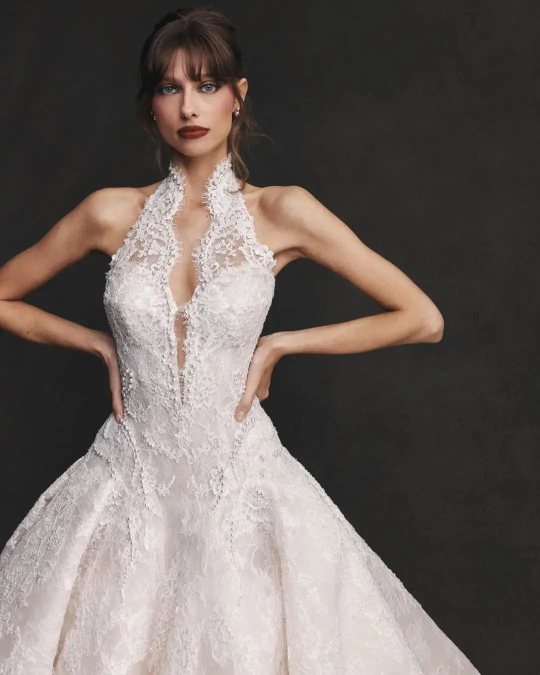 Luxury Ivory Halter Neck Lace Deep V Ball Gown Wedding Dress ZP146