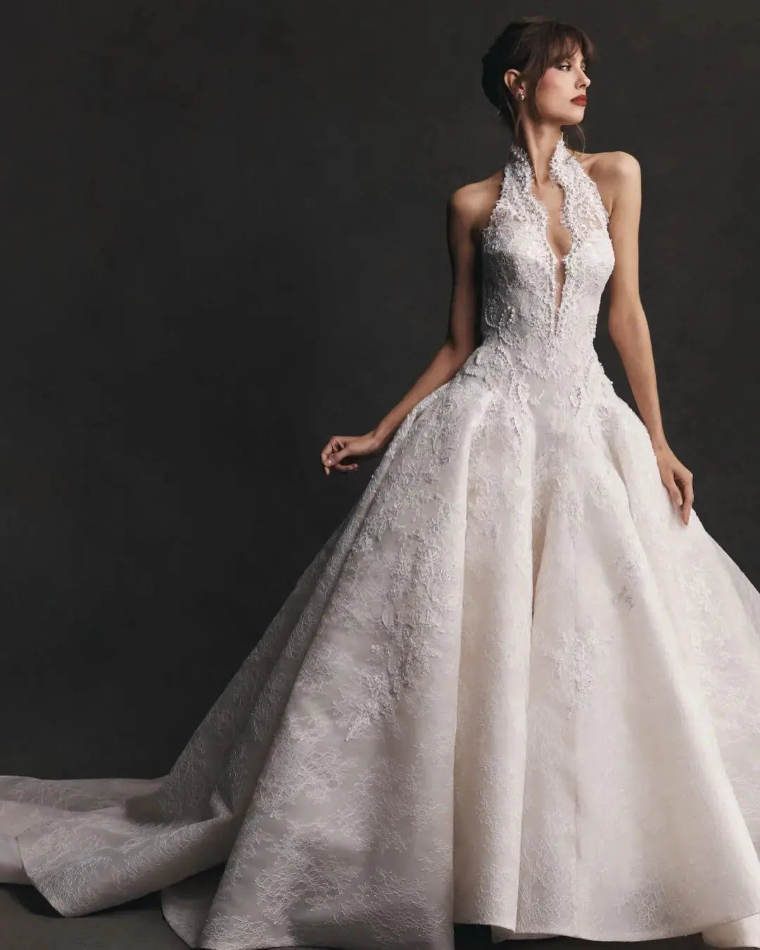 Luxury Ivory Halter Neck Lace Deep V Ball Gown Wedding Dress ZP146