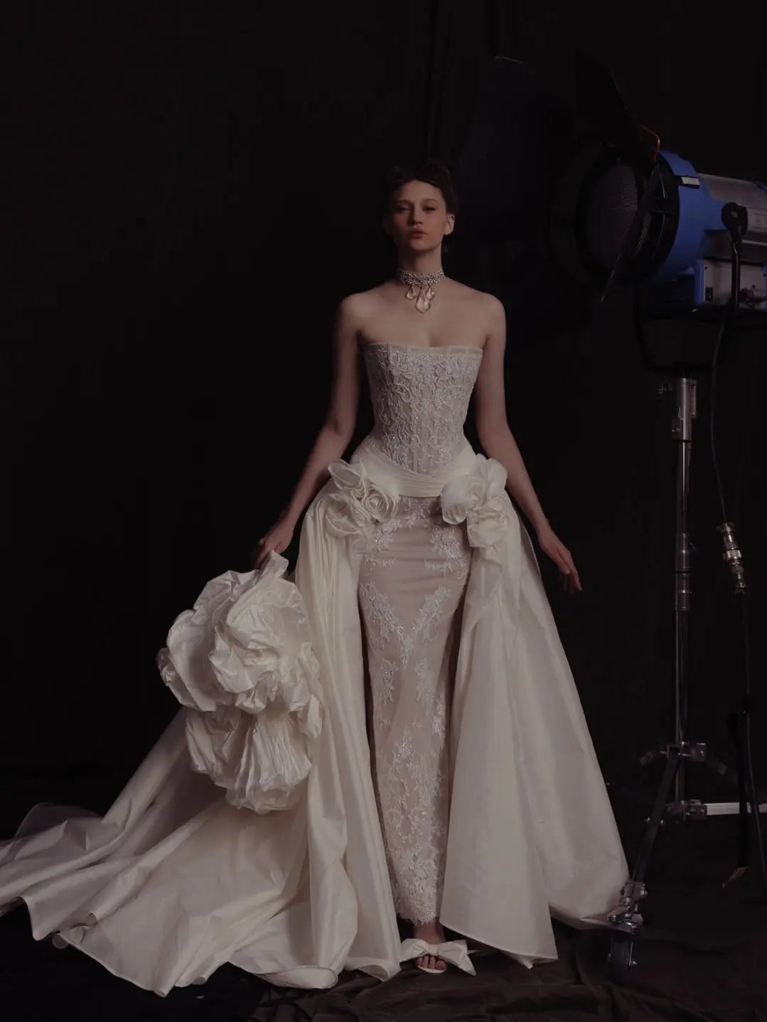 Luxury Ivory Strapless Lace 3D Floral Wedding Dress with Overskirt ZP148