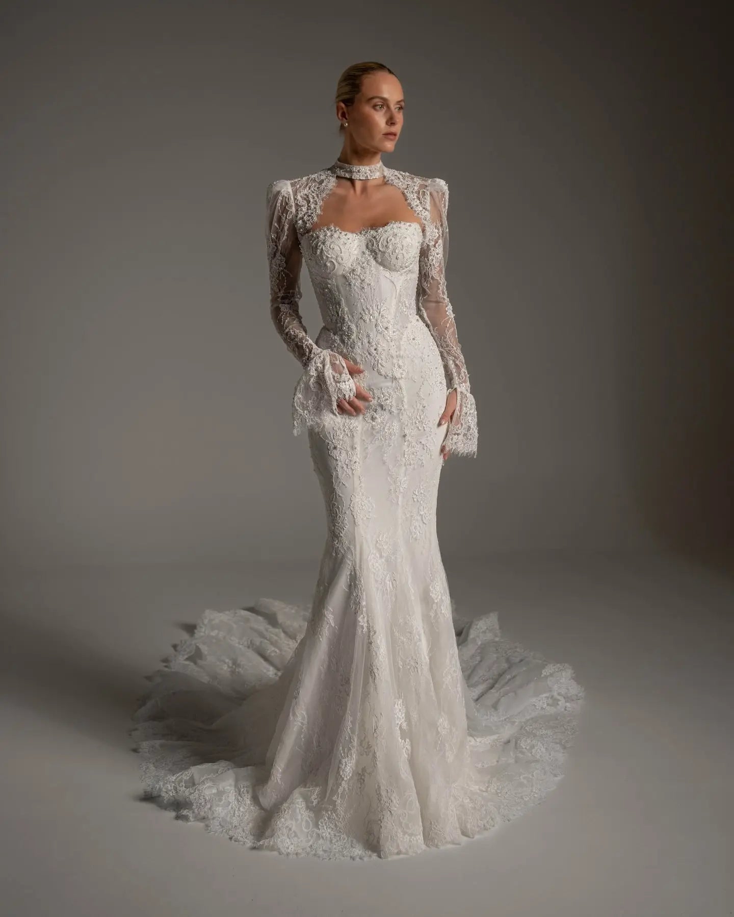 Luxury Ivory Lace Long Sleeve Mermaid Train Wedding Dress ZP142