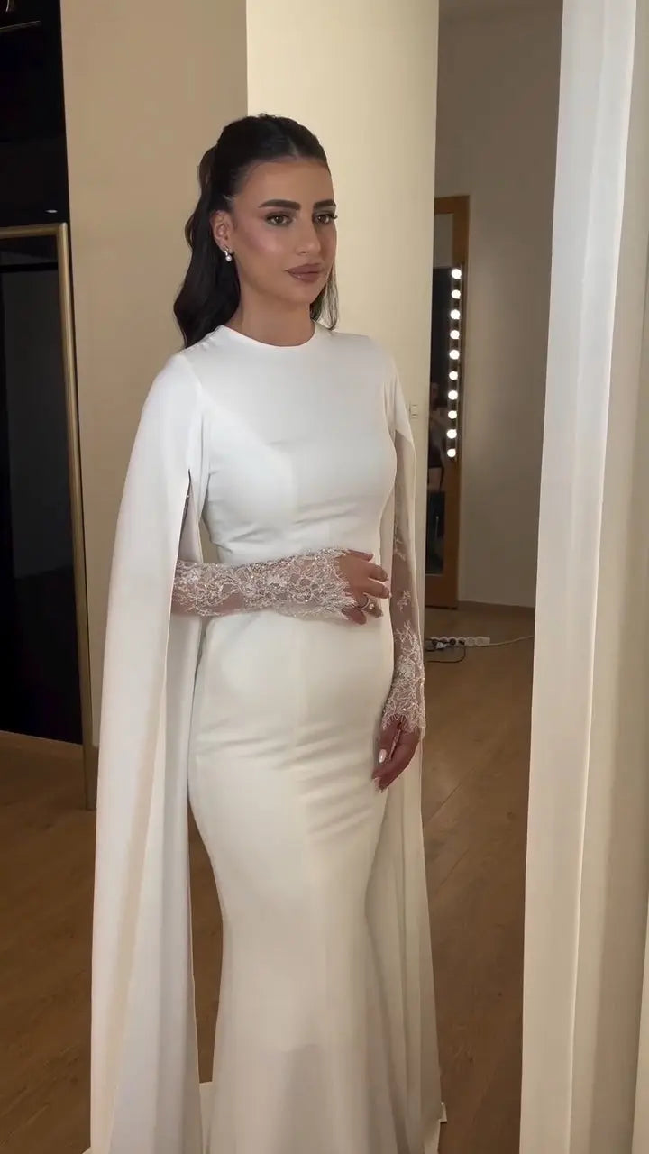Ivory Minimalist Modest Mermaid Beaded Satin Wedding Dress  Sweep Train ZP031