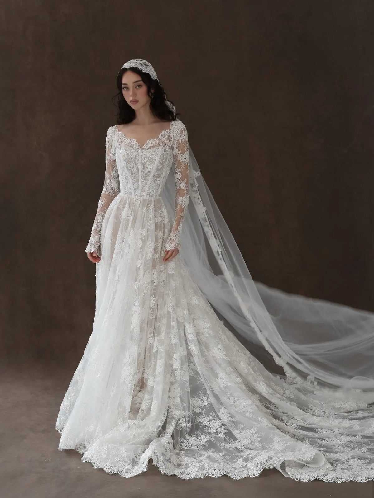 Whimsical Ivory Lace V-Neck Long Sleeve Wedding Dress with Veil ZP106