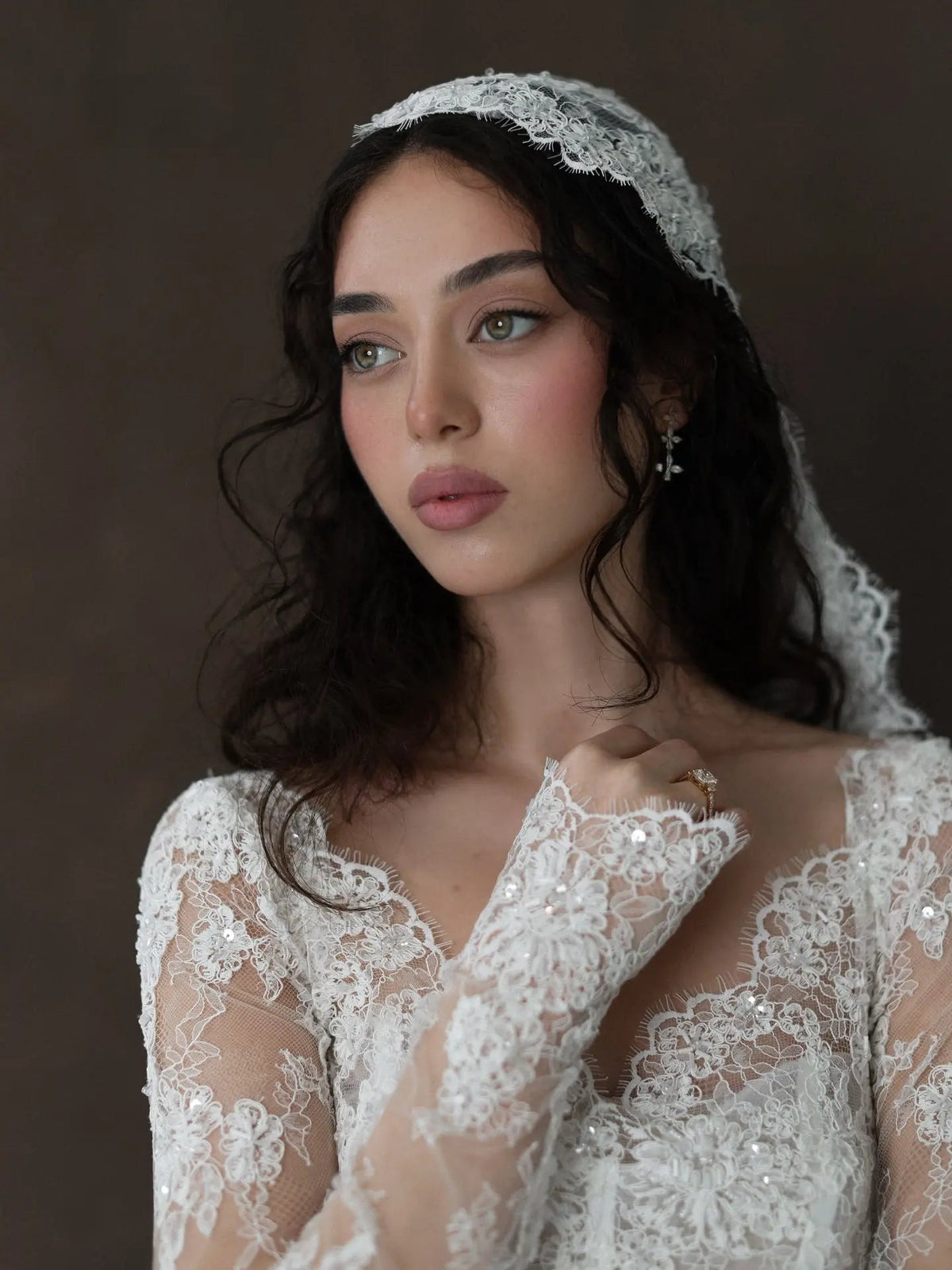 Whimsical Ivory Lace V-Neck Long Sleeve Wedding Dress with Veil ZP106
