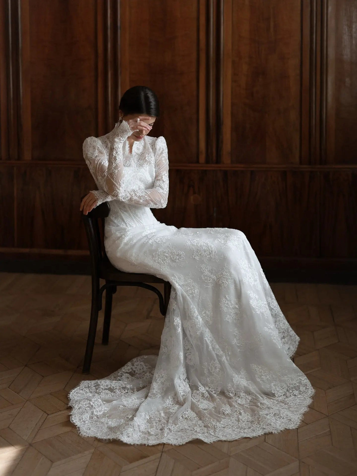 Elegant White Lace High Neck Long Sleeve A-Line Wedding Dress ZP103
