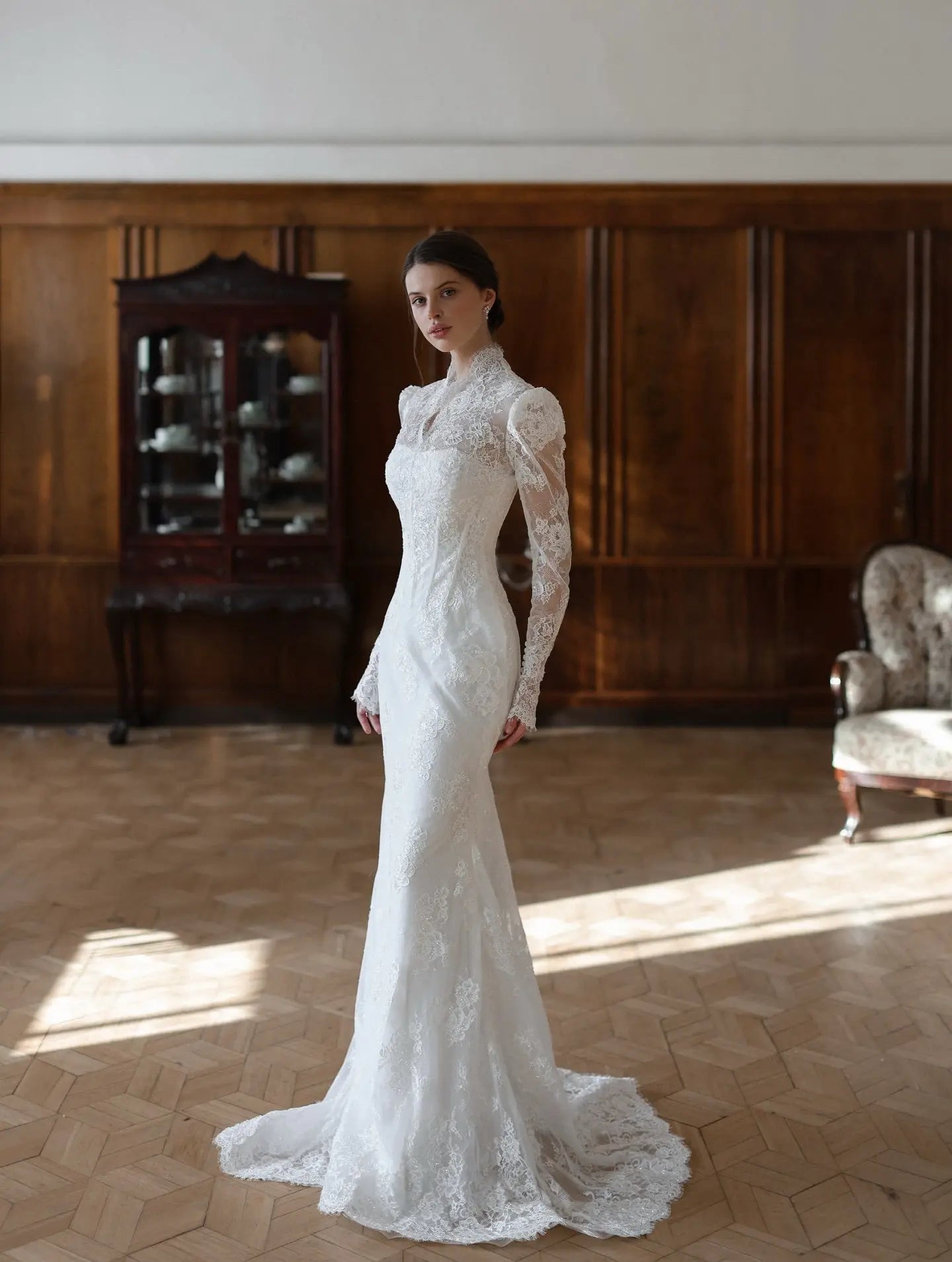Elegant White Lace High Neck Long Sleeve A-Line Wedding Dress ZP103