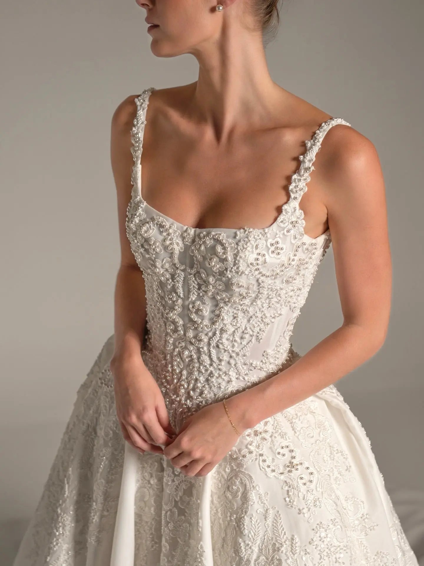 Luxury White Spaghetti Strap Beaded Satin Ball Gown Wedding Dress ZP139