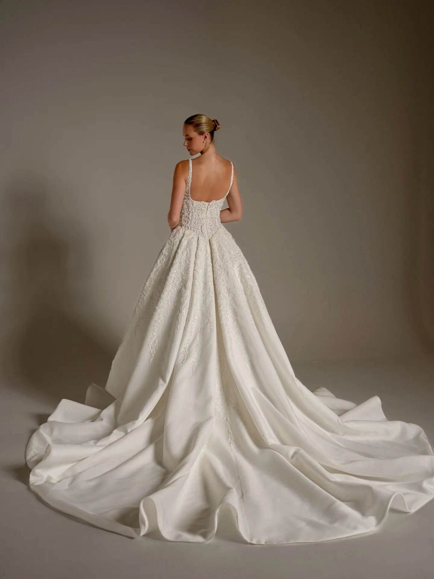 Luxury White Spaghetti Strap Beaded Satin Ball Gown Wedding Dress ZP139