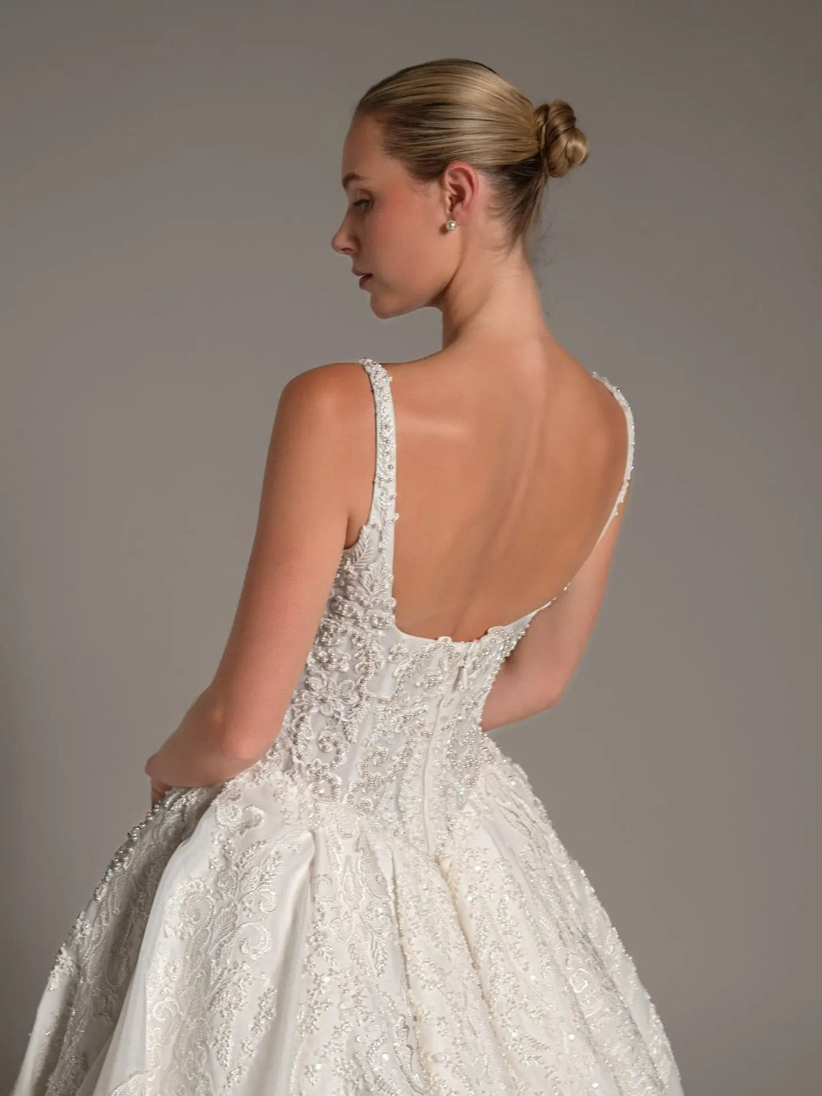 Luxury White Spaghetti Strap Beaded Satin Ball Gown Wedding Dress ZP139