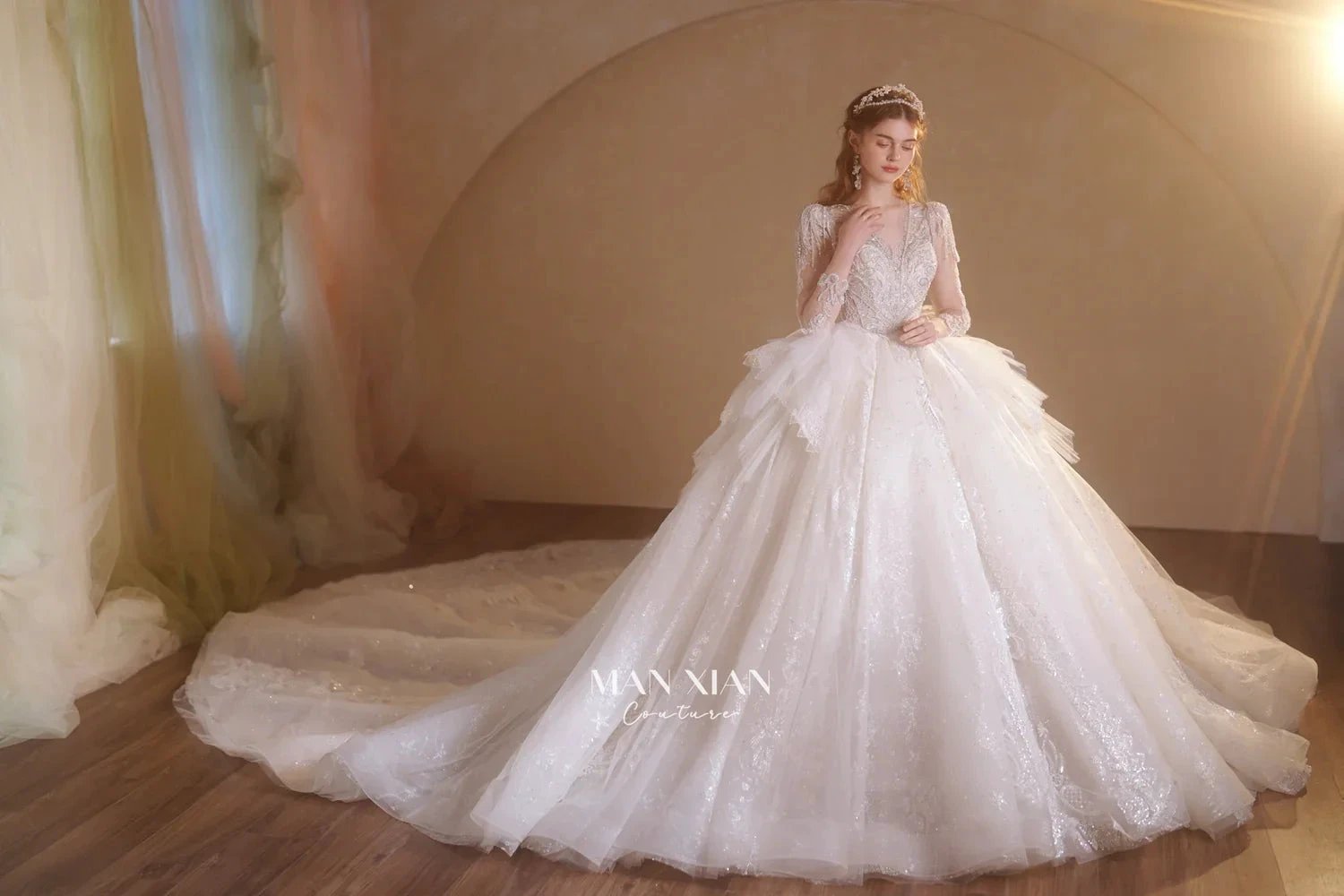 Luminous Ivory V-Neck Glitter Tulle Ball Gown with Beaded Lace, Sheer Sleeves & Draped Ruffle Train (ZD16942)