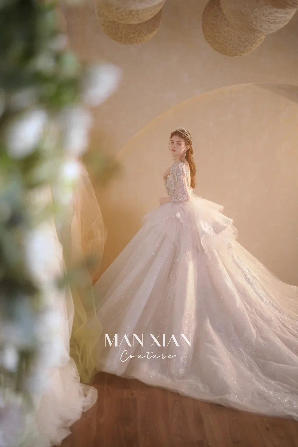 Luminous Ivory V-Neck Glitter Tulle Ball Gown with Beaded Lace, Sheer Sleeves & Draped Ruffle Train (ZD16942)