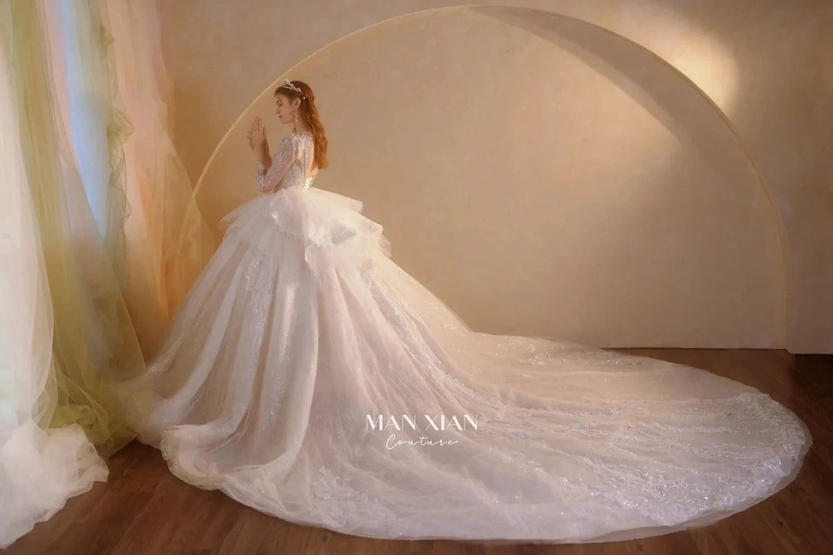 Luminous Ivory V-Neck Glitter Tulle Ball Gown with Beaded Lace, Sheer Sleeves & Draped Ruffle Train (ZD16942)