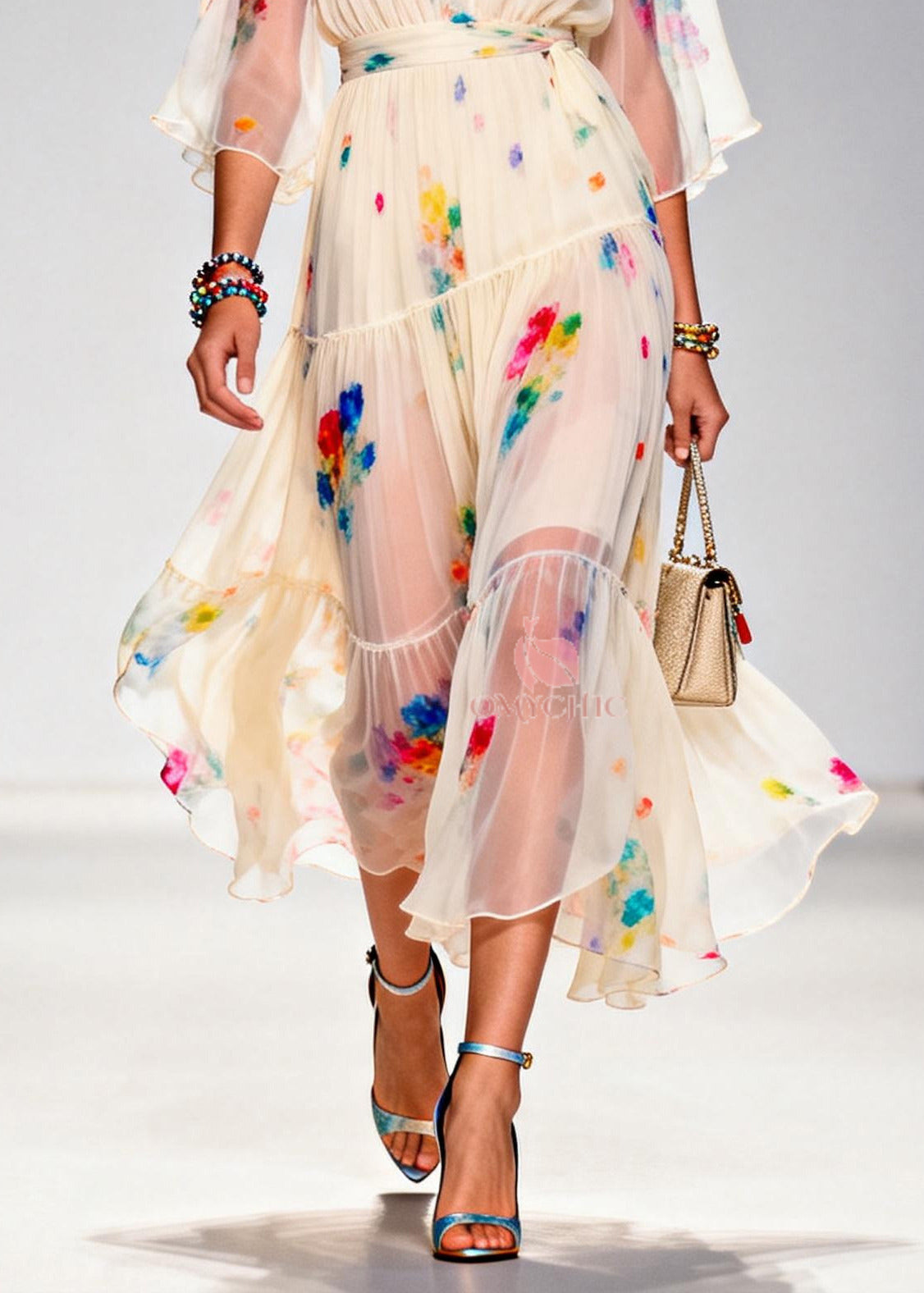 Italian Apricot V Neck Tie Dye Chiffon Party Dresses Summer