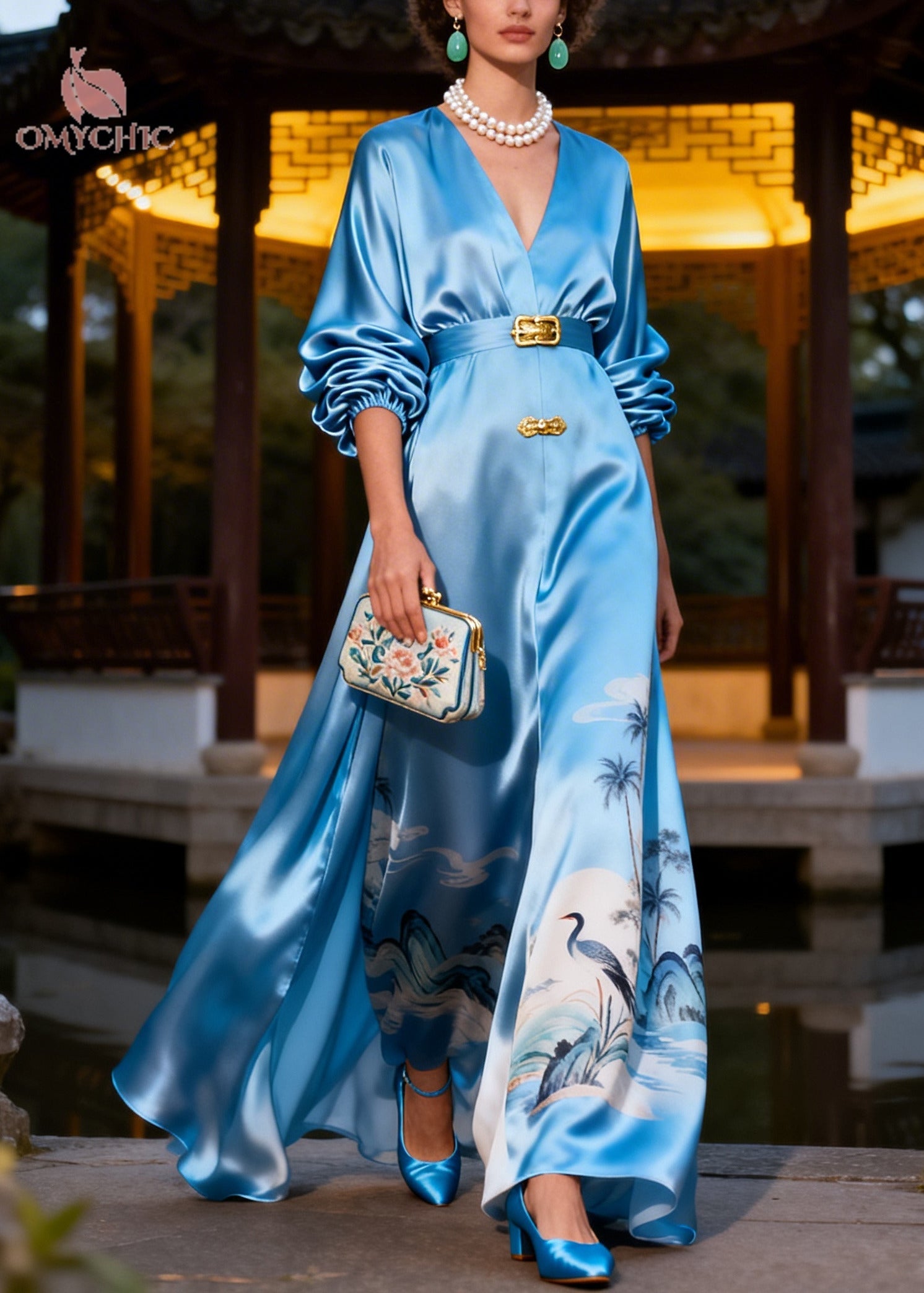 Italian Blue Print Exra Large Hem Silk Party Dress Summer