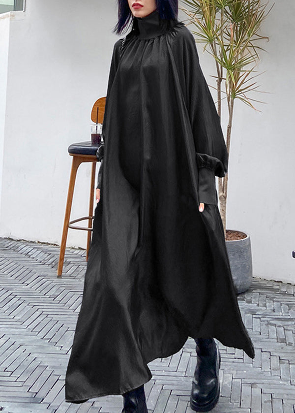 Italian Grey Hign Neck Patchwork Cotton Maxi Dresses Long Sleeve
