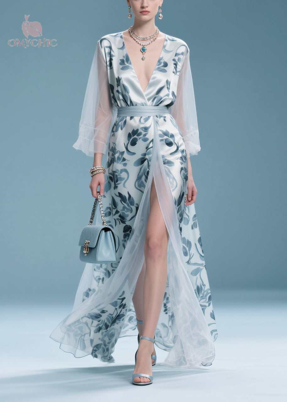 Italian Light Blue Print Patchwork Tulle Maxi Dress Summer