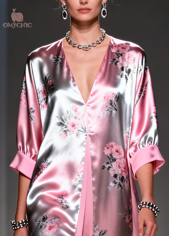 Italian Pink Print Patchwork Silk Fake Two Piece Dress Summer